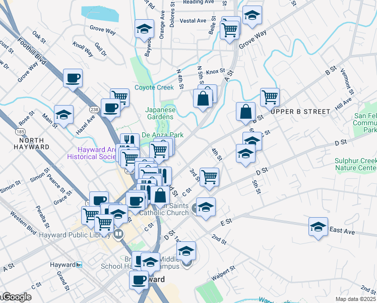 map of restaurants, bars, coffee shops, grocery stores, and more near 1315 A Street in Hayward