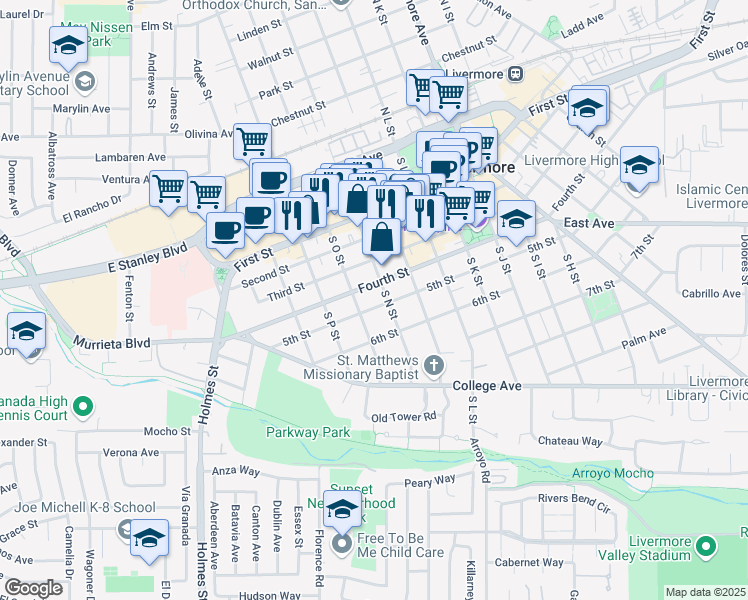 map of restaurants, bars, coffee shops, grocery stores, and more near in Livermore