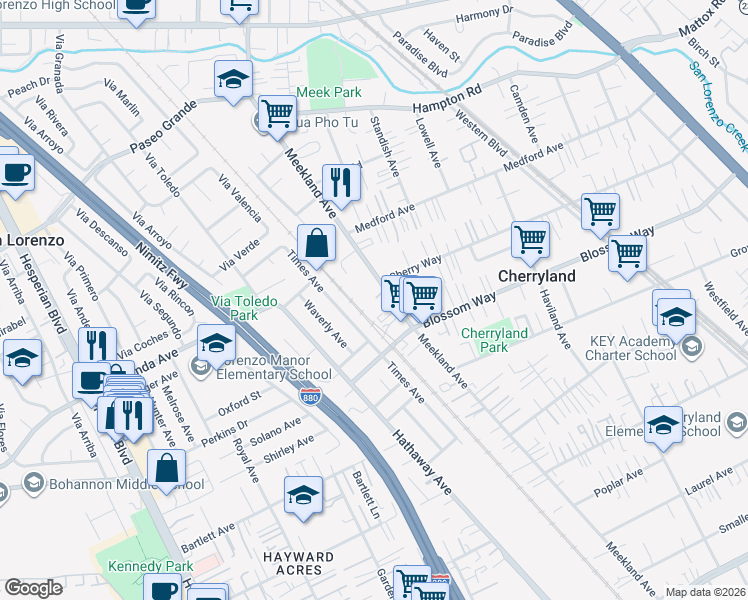 map of restaurants, bars, coffee shops, grocery stores, and more near 20 Leighty Court in Hayward