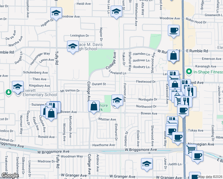 map of restaurants, bars, coffee shops, grocery stores, and more near 918 Mount Vernon Drive in Modesto