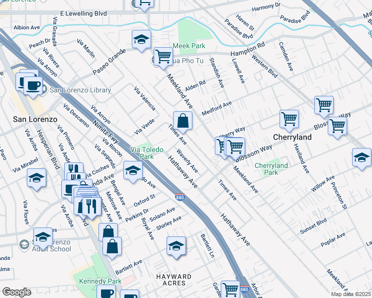 map of restaurants, bars, coffee shops, grocery stores, and more near 19235 Times Avenue in Hayward