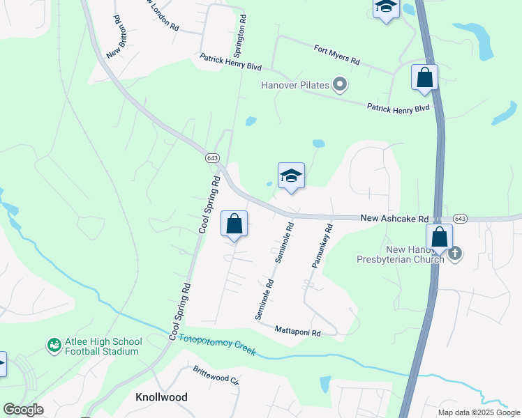 map of restaurants, bars, coffee shops, grocery stores, and more near 8315 New Ashcake Road in Mechanicsville