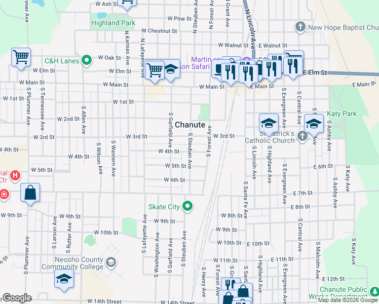 map of restaurants, bars, coffee shops, grocery stores, and more near 305 West 4th Street in Chanute