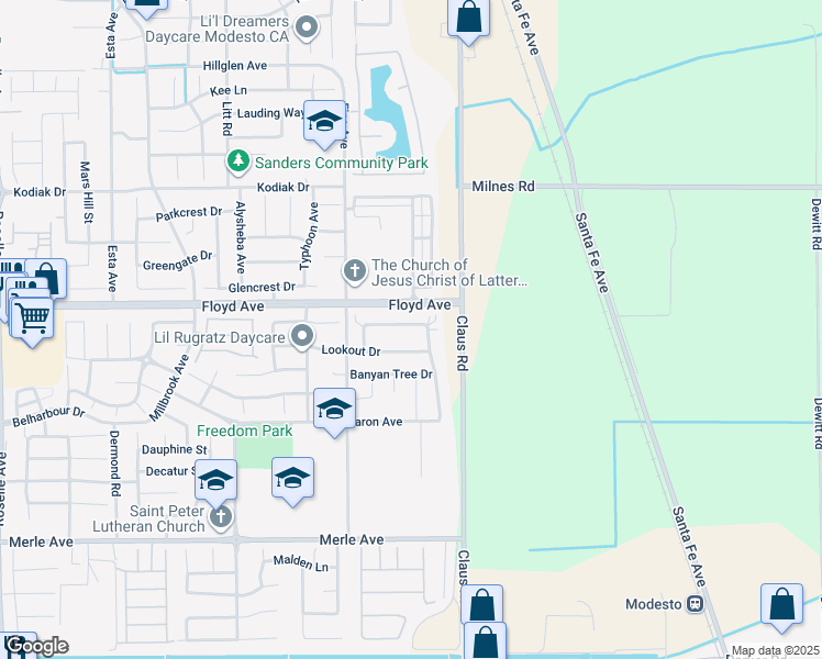 map of restaurants, bars, coffee shops, grocery stores, and more near 3936 Purple Finch Lane in Modesto
