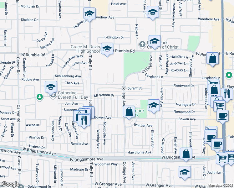 map of restaurants, bars, coffee shops, grocery stores, and more near 1113 Mount Vernon Drive in Modesto
