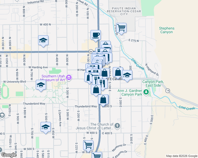 map of restaurants, bars, coffee shops, grocery stores, and more near 3 South Main Street in Cedar City
