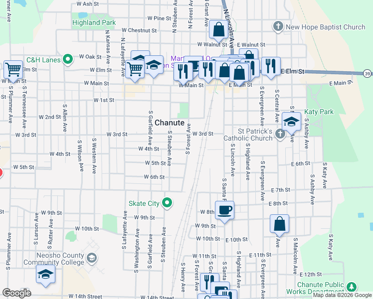 map of restaurants, bars, coffee shops, grocery stores, and more near 208 West 4th Street in Chanute