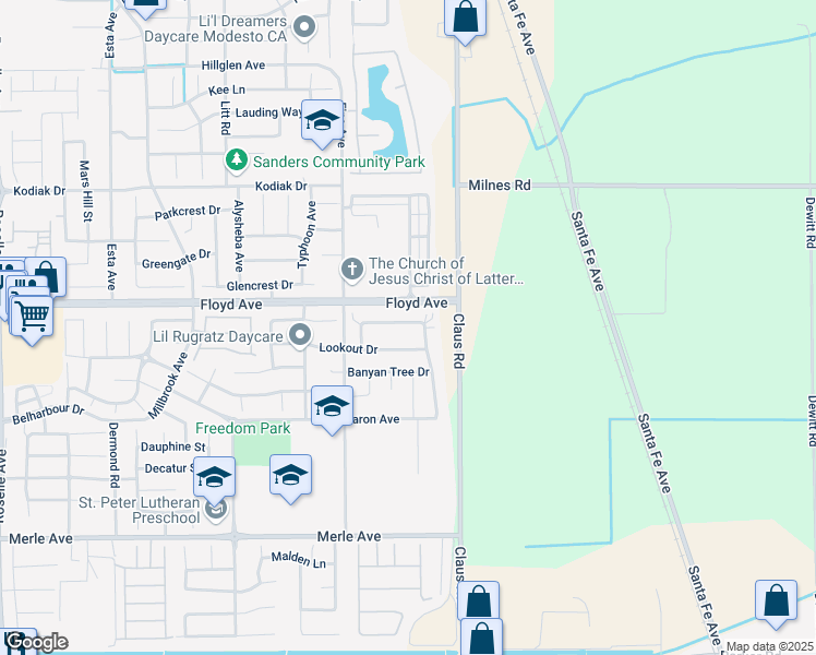 map of restaurants, bars, coffee shops, grocery stores, and more near 3936 Purple Finch Lane in Modesto
