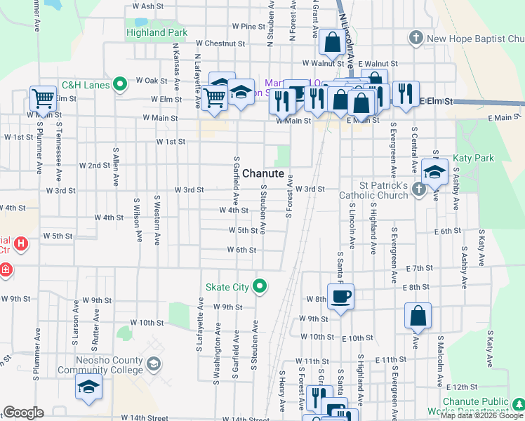 map of restaurants, bars, coffee shops, grocery stores, and more near 302 West 4th Street in Chanute