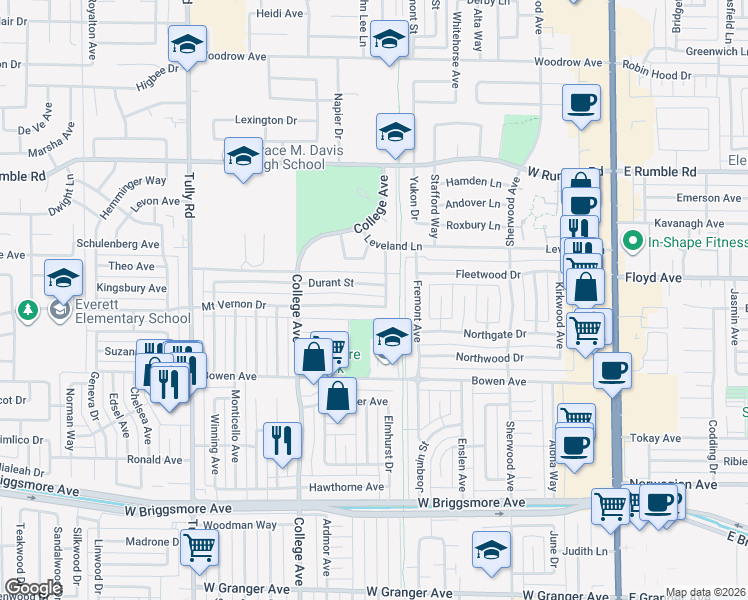 map of restaurants, bars, coffee shops, grocery stores, and more near 918 Mount Vernon Drive in Modesto