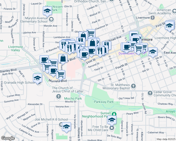 map of restaurants, bars, coffee shops, grocery stores, and more near 310 South S Street in Livermore
