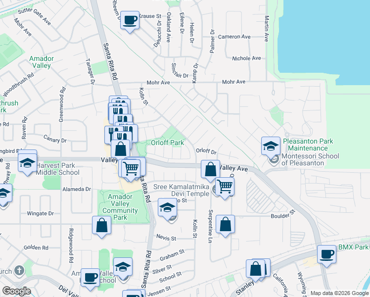map of restaurants, bars, coffee shops, grocery stores, and more near 1541 Trimingham Drive in Pleasanton