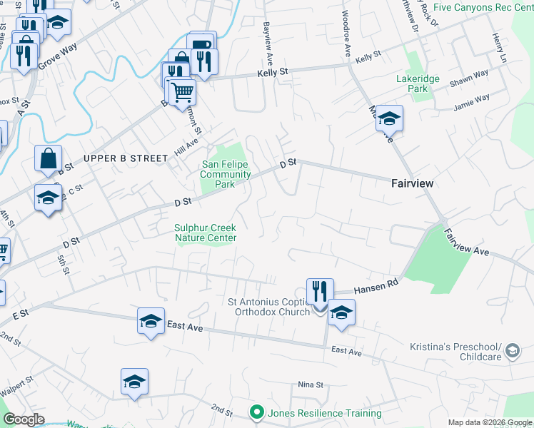 map of restaurants, bars, coffee shops, grocery stores, and more near 23902 Fairlands Road in Hayward