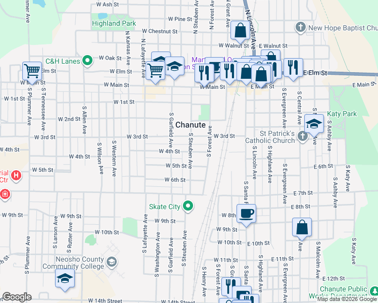 map of restaurants, bars, coffee shops, grocery stores, and more near 308 West 4th Street in Chanute