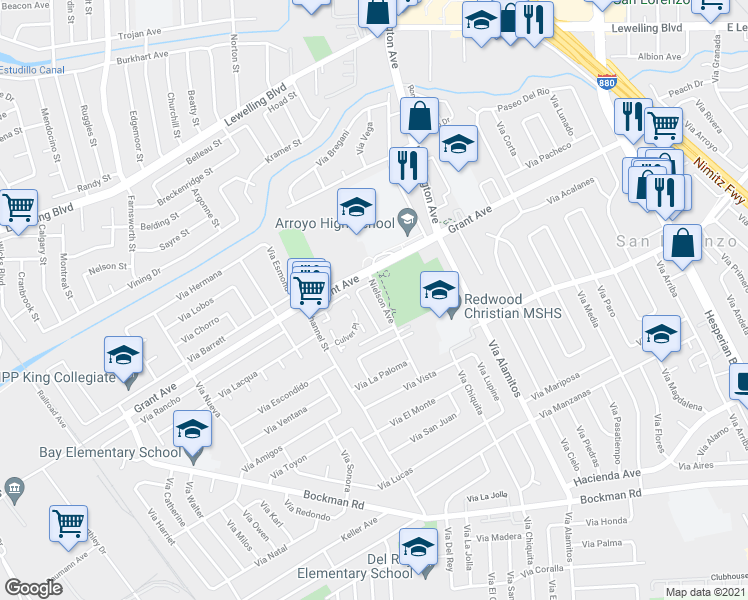 map of restaurants, bars, coffee shops, grocery stores, and more near 15853 Nielson Avenue in San Lorenzo