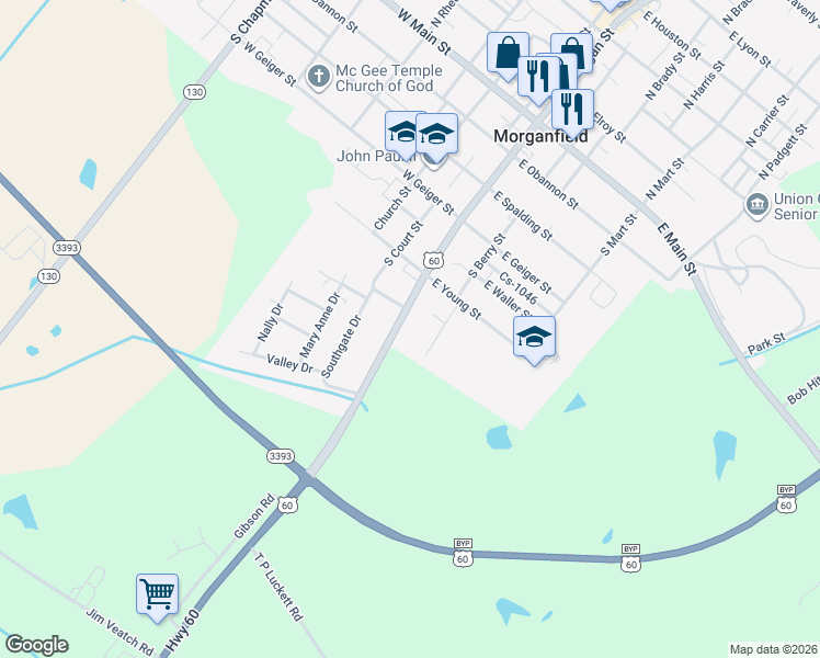 map of restaurants, bars, coffee shops, grocery stores, and more near 611-641 South Morgan Street in Morganfield