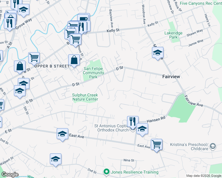 map of restaurants, bars, coffee shops, grocery stores, and more near 23902 Fairlands Road in Hayward