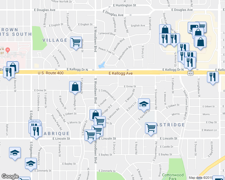 map of restaurants, bars, coffee shops, grocery stores, and more near 621 South Hunter in Wichita