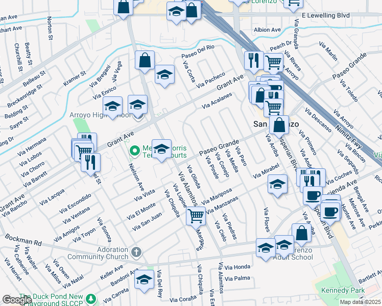 map of restaurants, bars, coffee shops, grocery stores, and more near 15967 Paseo Del Campo in San Lorenzo