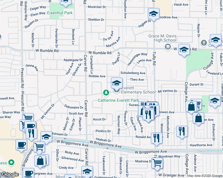 map of restaurants, bars, coffee shops, grocery stores, and more near 2405 Stanley Court in Modesto