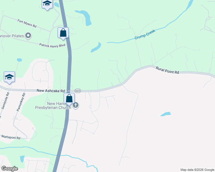 map of restaurants, bars, coffee shops, grocery stores, and more near 8088 Rural Point Road in Mechanicsville