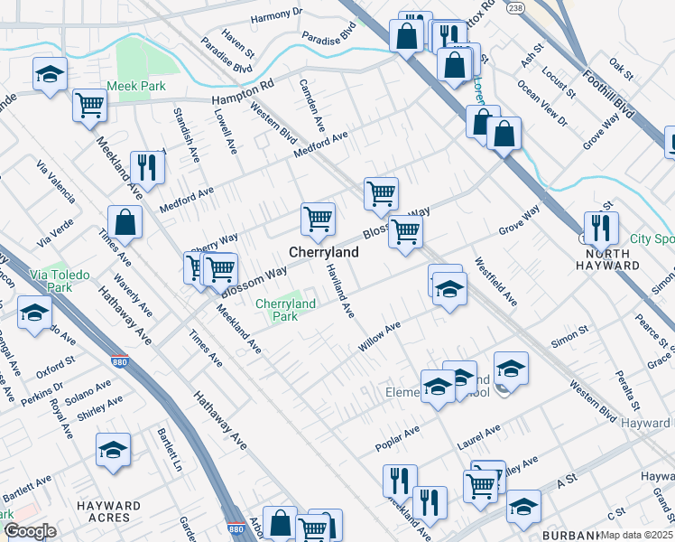 map of restaurants, bars, coffee shops, grocery stores, and more near 21266 Haviland Avenue in Hayward