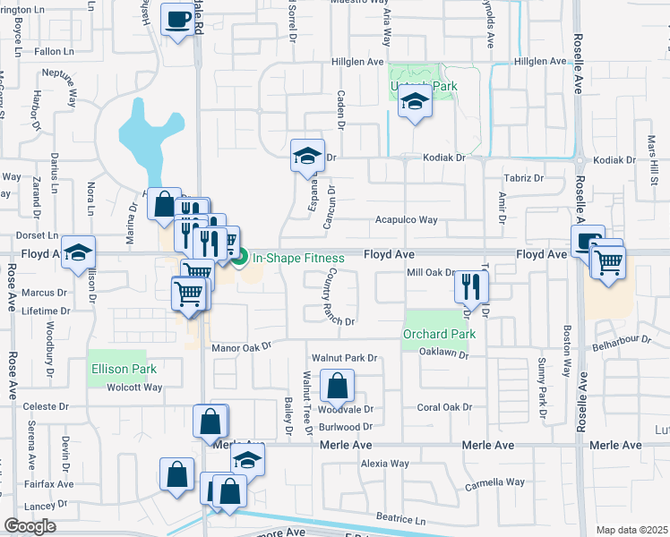 map of restaurants, bars, coffee shops, grocery stores, and more near Country Ranch Drive & Saddlehorn Lane in Modesto