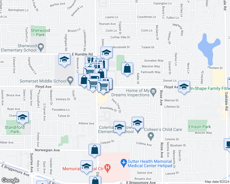 map of restaurants, bars, coffee shops, grocery stores, and more near 2408 Vera Cruz Drive in Modesto