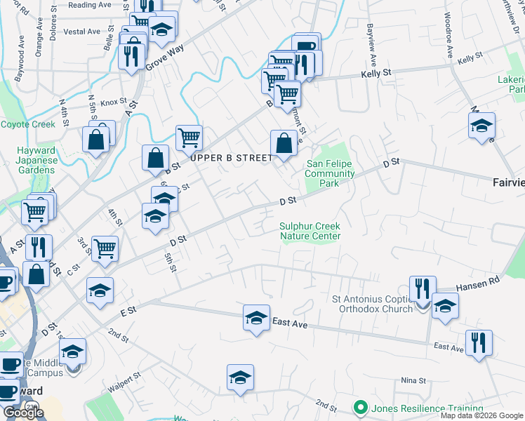 map of restaurants, bars, coffee shops, grocery stores, and more near 1791 Antelope Court in Hayward