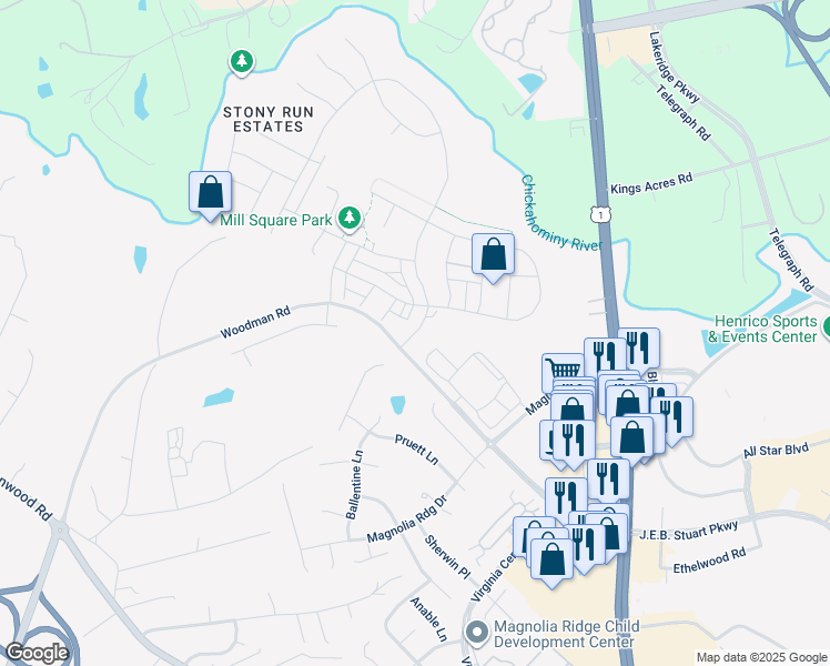 map of restaurants, bars, coffee shops, grocery stores, and more near 2058 Pruett Court in Glen Allen