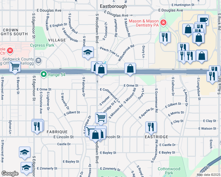 map of restaurants, bars, coffee shops, grocery stores, and more near 633 South Hunter in Wichita