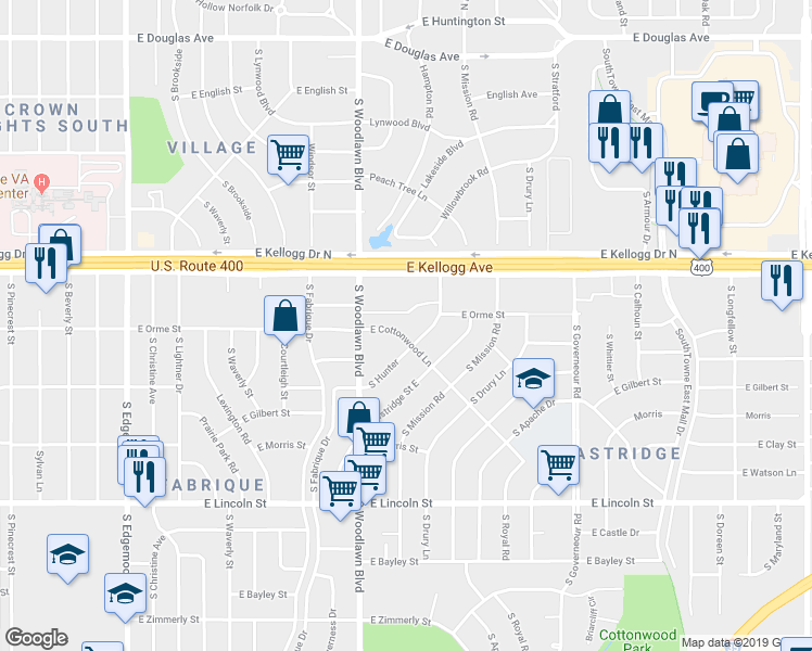 map of restaurants, bars, coffee shops, grocery stores, and more near 633 South Hunter in Wichita