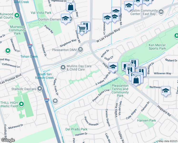 map of restaurants, bars, coffee shops, grocery stores, and more near 3530 Carlsbad Court in Pleasanton