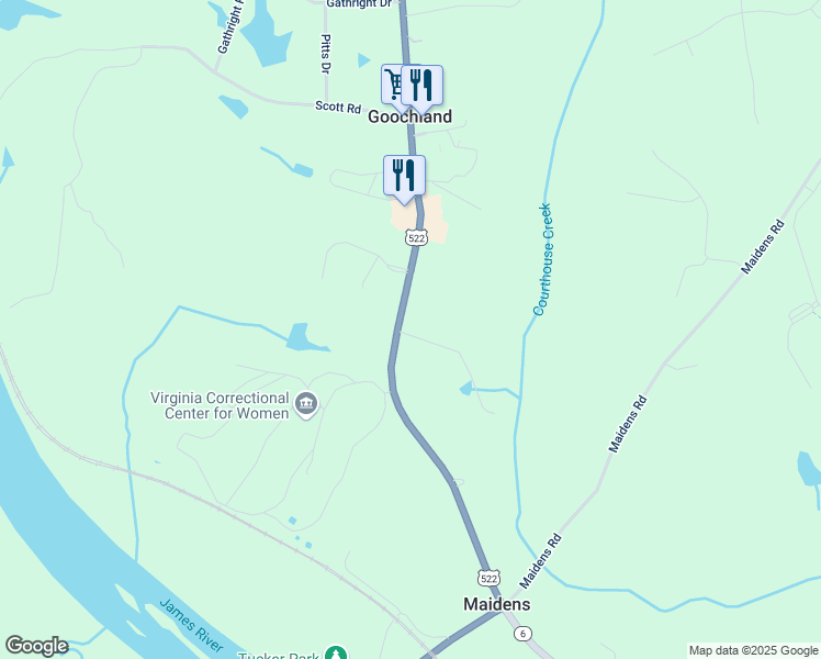 map of restaurants, bars, coffee shops, grocery stores, and more near 2870 River Road West in Maidens