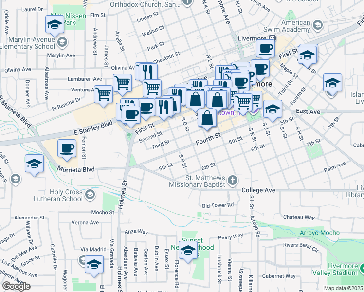 map of restaurants, bars, coffee shops, grocery stores, and more near 1626 5th Street in Livermore