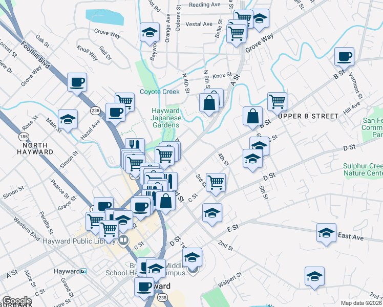map of restaurants, bars, coffee shops, grocery stores, and more near 1315 A Street in Hayward