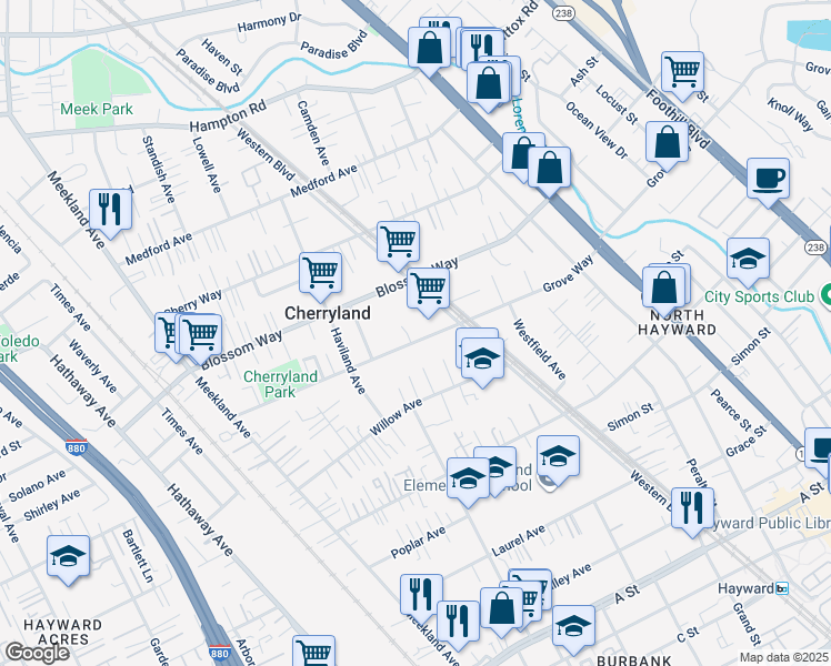 map of restaurants, bars, coffee shops, grocery stores, and more near 436 Grove Way in Hayward
