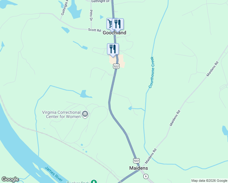 map of restaurants, bars, coffee shops, grocery stores, and more near 2699 Valley View Lane in Goochland