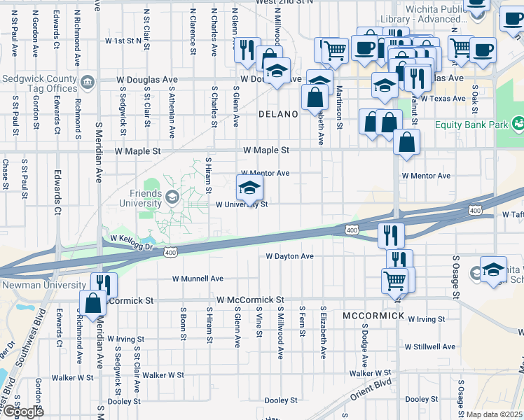 map of restaurants, bars, coffee shops, grocery stores, and more near 627 South Millwood Avenue in Wichita
