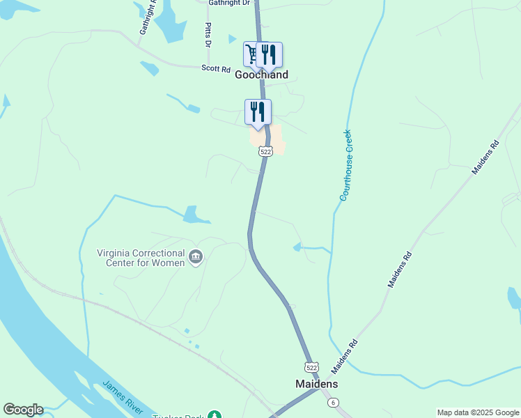 map of restaurants, bars, coffee shops, grocery stores, and more near 2870 River Road West in Maidens
