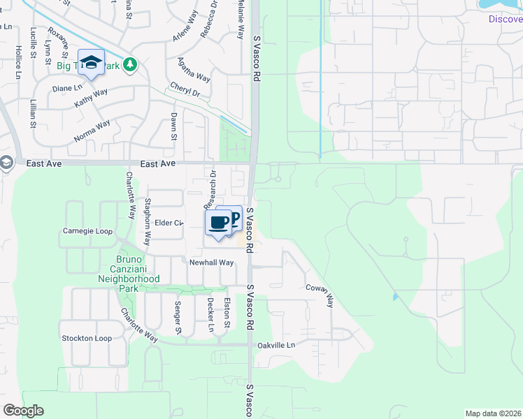map of restaurants, bars, coffee shops, grocery stores, and more near 2072 South Vasco Road in Livermore