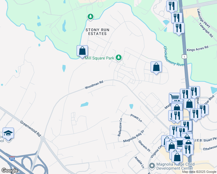 map of restaurants, bars, coffee shops, grocery stores, and more near 10875 Winfrey Road in Glen Allen