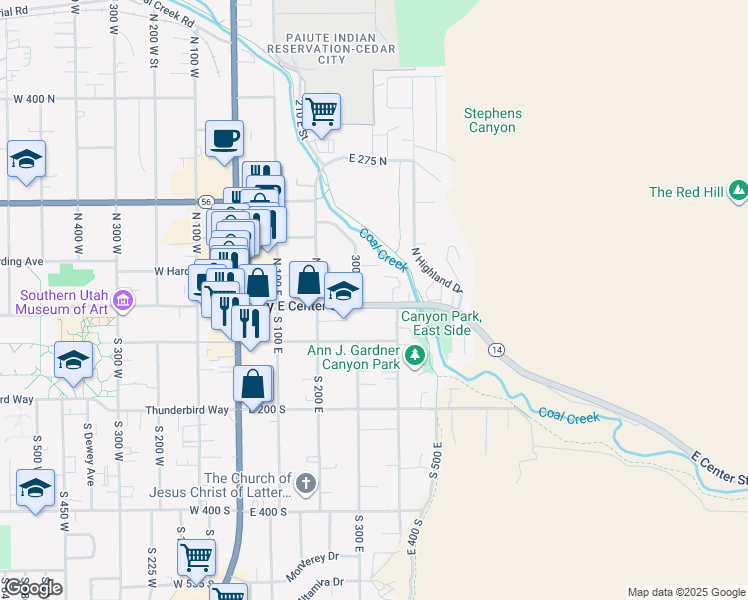 map of restaurants, bars, coffee shops, grocery stores, and more near 353 East Center Street in Cedar City