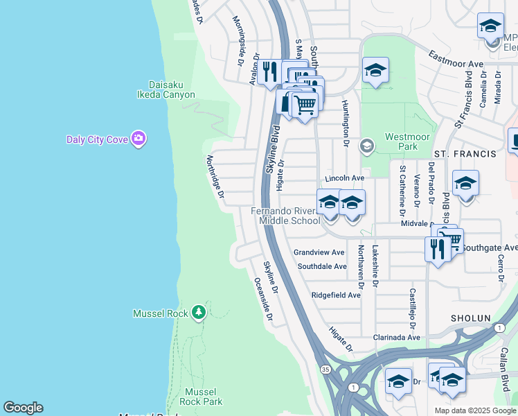 map of restaurants, bars, coffee shops, grocery stores, and more near 649 Skyline Drive in Daly City