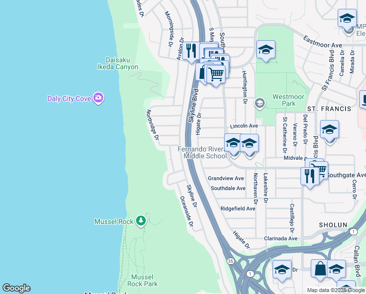 map of restaurants, bars, coffee shops, grocery stores, and more near 649 Skyline Drive in Daly City