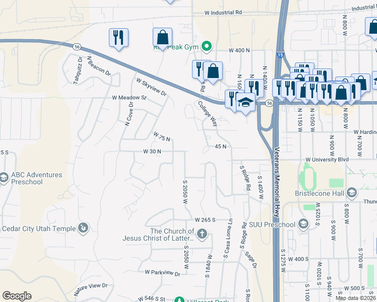 map of restaurants, bars, coffee shops, grocery stores, and more near 1800 West 30 North in Cedar City