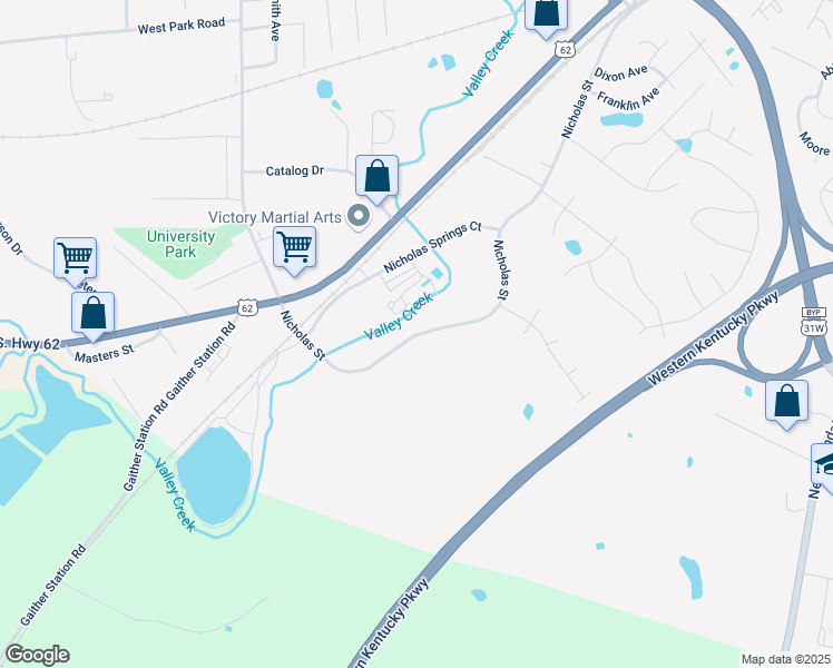 map of restaurants, bars, coffee shops, grocery stores, and more near Waterworks Drive in Elizabethtown