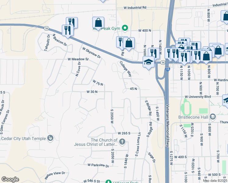 map of restaurants, bars, coffee shops, grocery stores, and more near 14 South 2050 West in Cedar City