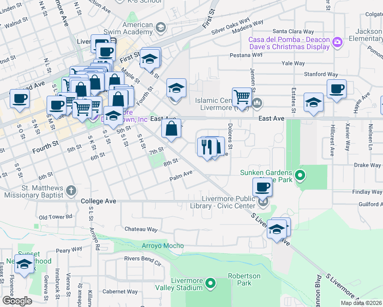 map of restaurants, bars, coffee shops, grocery stores, and more near 883 Brennan Way in Livermore