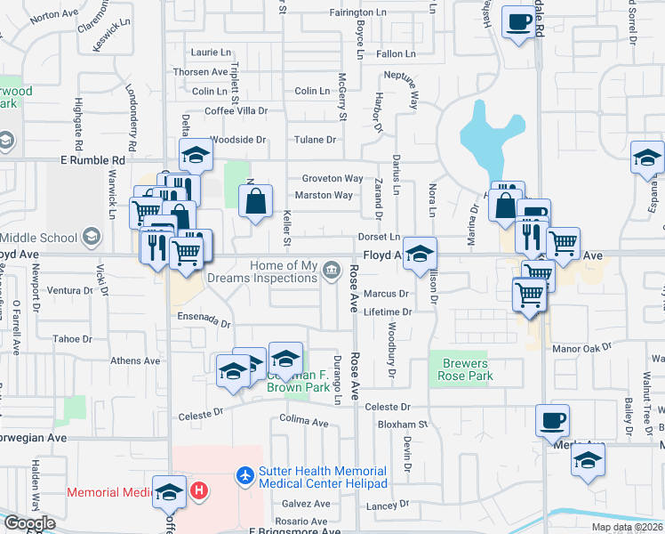 map of restaurants, bars, coffee shops, grocery stores, and more near 2412 San Rafael Avenue in Modesto